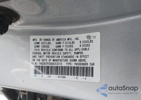 2013 Honda Accord Sdn Ex-L из США, поврежденный, VIN 1HGCR2F85DA253215